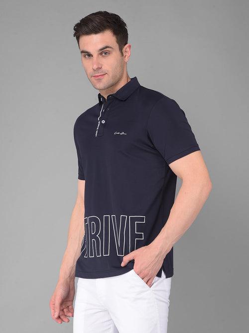 COBB NAVY BLUE PRINTED POLO NECK T-SHIRT