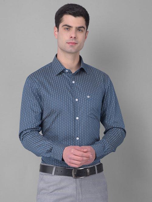 COBB INDIGO DYE BLUE PRINTED SLIM FIT PARTY WEAR SHIRT