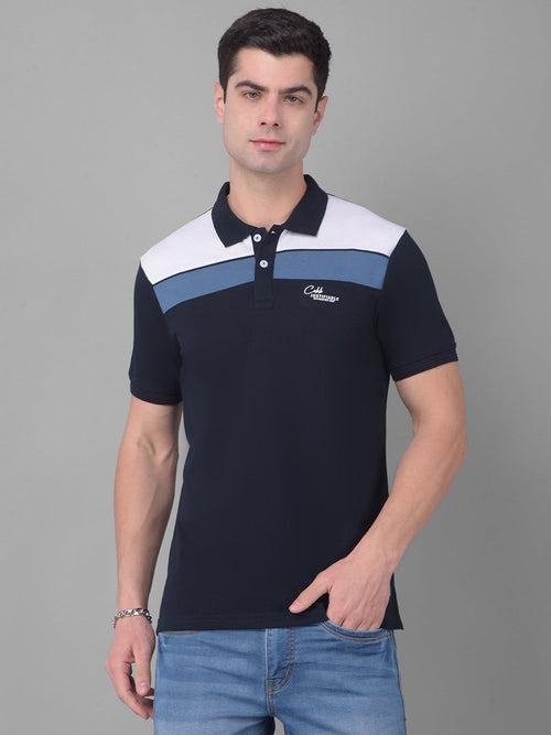 COBB NAVY BLUE WHITE STRIPED POLO NECK T-SHIRT