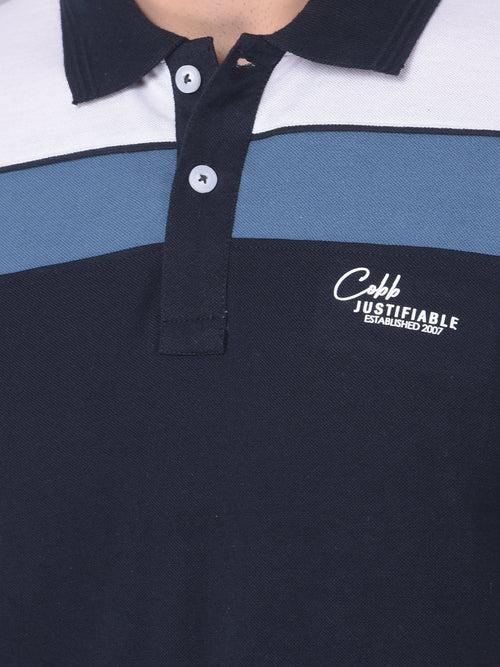 COBB NAVY BLUE WHITE STRIPED POLO NECK T-SHIRT