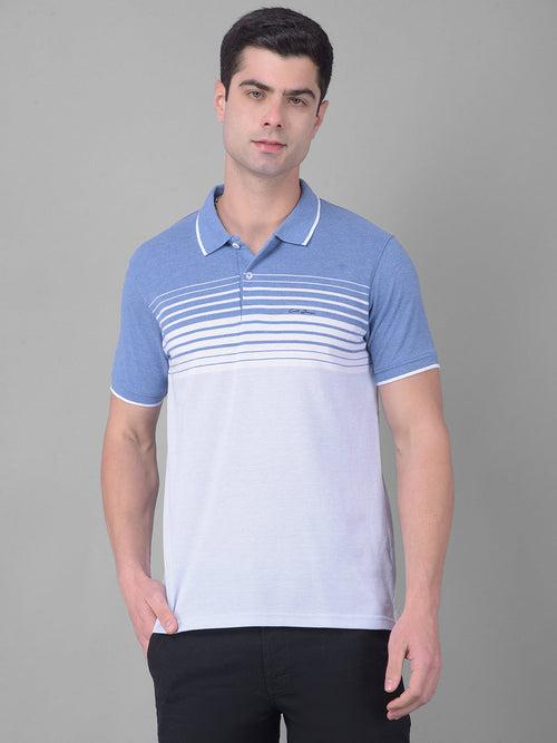 COBB CRAYOLA INDIGO WHITE STRIPED POLO NECK T-SHIRT