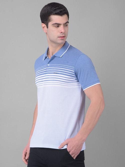 COBB CRAYOLA INDIGO WHITE STRIPED POLO NECK T-SHIRT