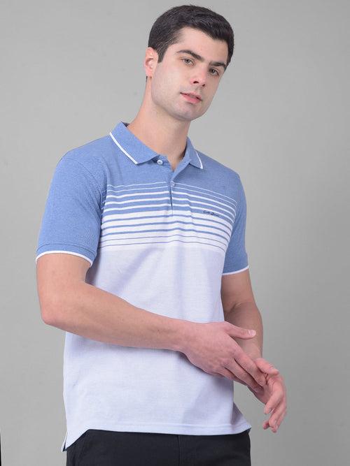 COBB CRAYOLA INDIGO WHITE STRIPED POLO NECK T-SHIRT