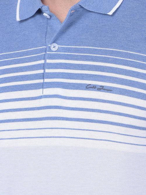 COBB CRAYOLA INDIGO WHITE STRIPED POLO NECK T-SHIRT