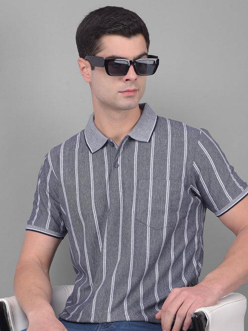 COBB NAVY GRAY STRIPED POLO NECK T-SHIRT