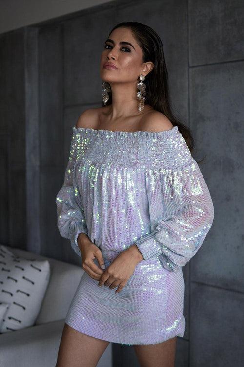 IRIDESCENT SEQUIN OFF SHOULDER DRESS