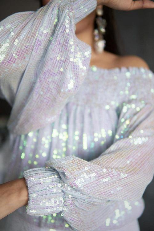 IRIDESCENT SEQUIN OFF SHOULDER DRESS