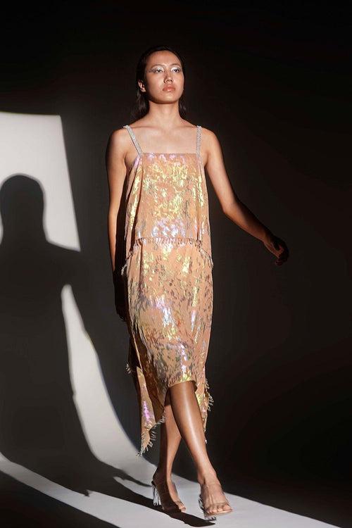 Tan Metallic Jacquard Chandelier Dress