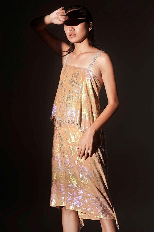 Tan Metallic Jacquard Chandelier Dress