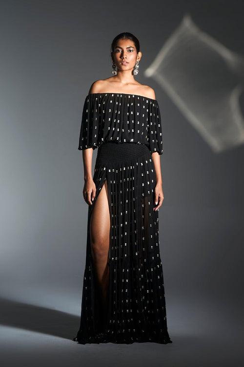 Black Off Shoulder Maxi Dress With Slits