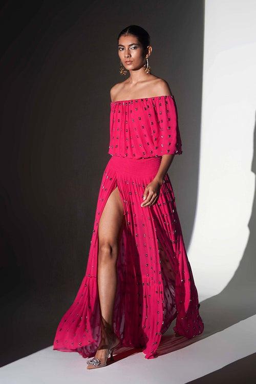 Carrot Pink Off Shoulder Maxi Dress With Slits