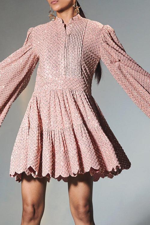 Embroidered Sequins Pink Shirt Dress