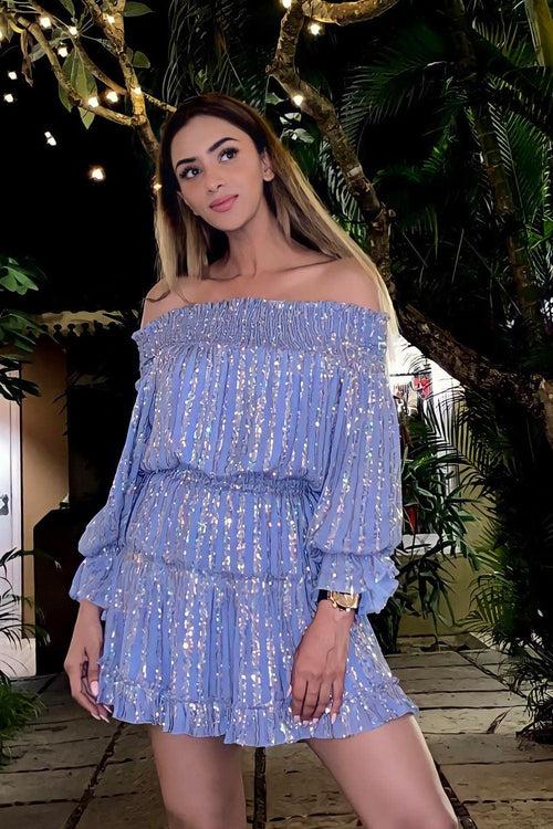 PALE BLUE OFF SHOULDER SEQUINED DRESS