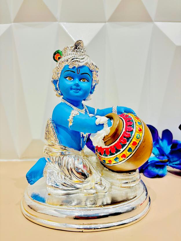 Pure 999 Silver Coated Lord Krishna Idol, Handcrafted Laddu Gopal Murti, Baby Krishna Statue for Home Decor.