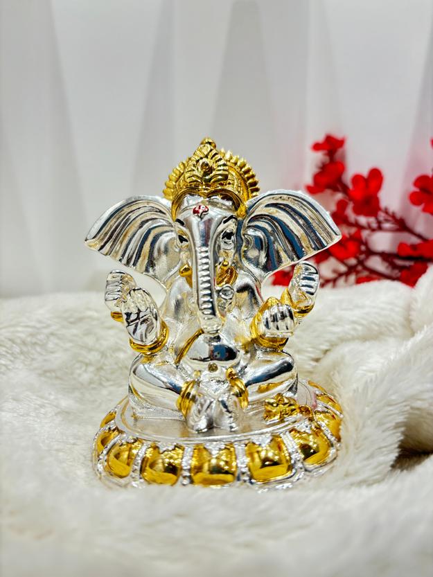 999 Silver-Gold Plated Lord Ganesha Sitting on Aasan Murti for Home Decor and Temple