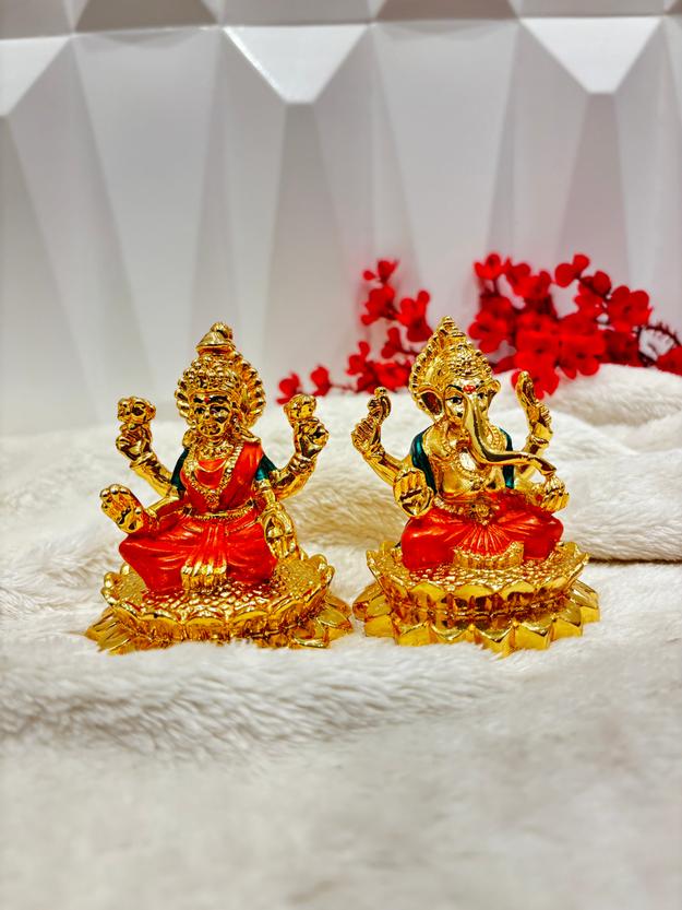 Pure Gold Coated Ganesh Laxmi Murti Sitting on Lotus | Lakhsmi Ganesh Idol for Home Office Pooja Diwali House Warming Gift