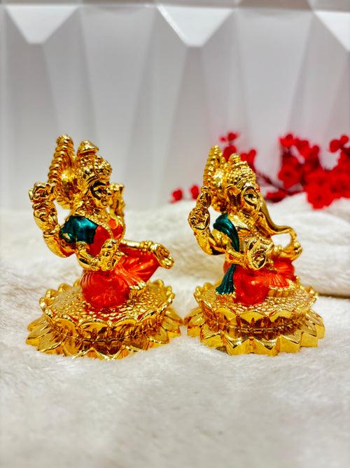 Pure Gold Coated Ganesh Laxmi Murti Sitting on Lotus | Lakhsmi Ganesh Idol for Home Office Pooja Diwali House Warming Gift