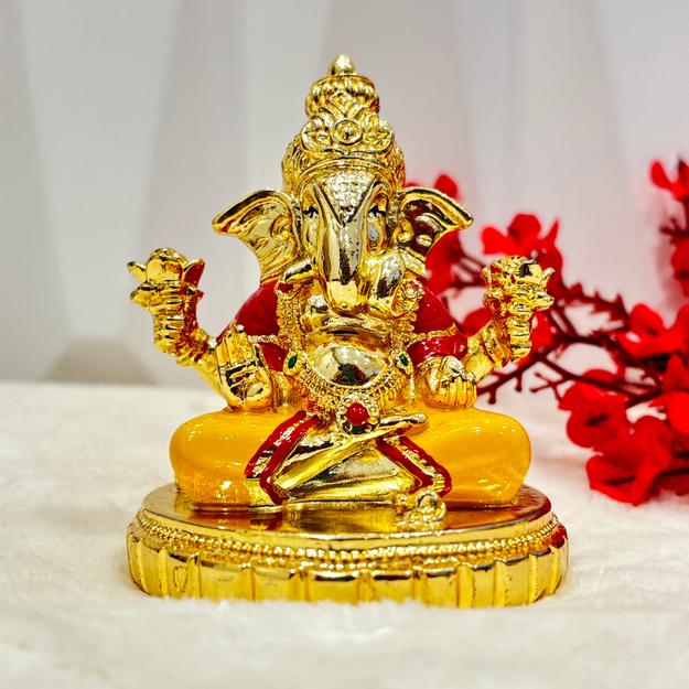 999 Gold Plated Ganesh Murti Sitting on Aasan for Home Decor