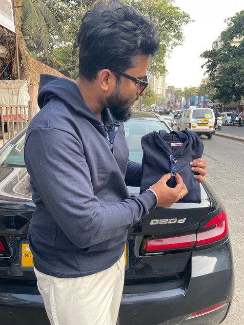 Navy Henley type Hoodie