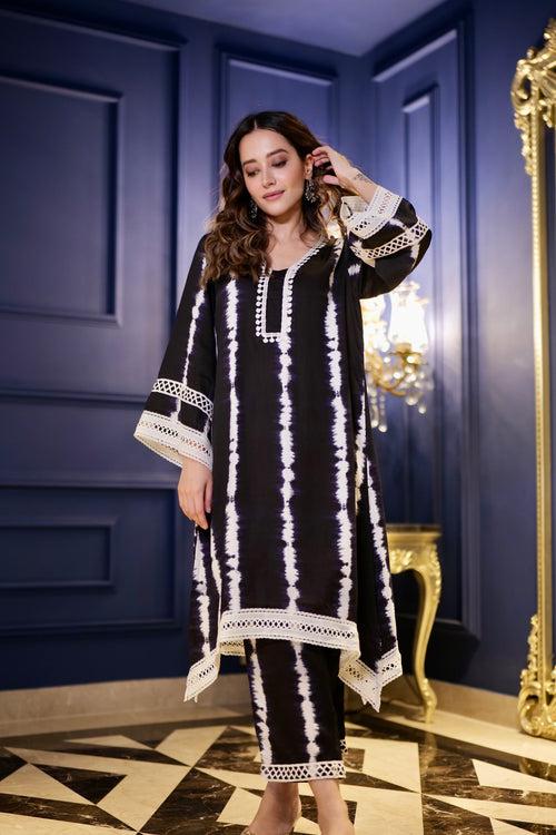 Black Tie Dye Kurta Pants Suit Set