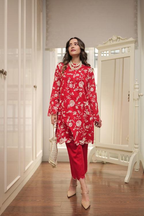 Ruby Red Embroidered Kurta Pants Set