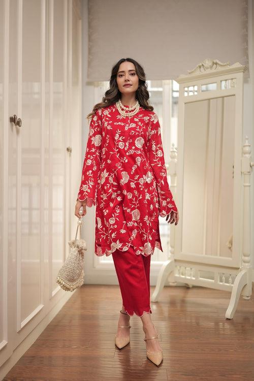 Ruby Red Embroidered Kurta Pants Set