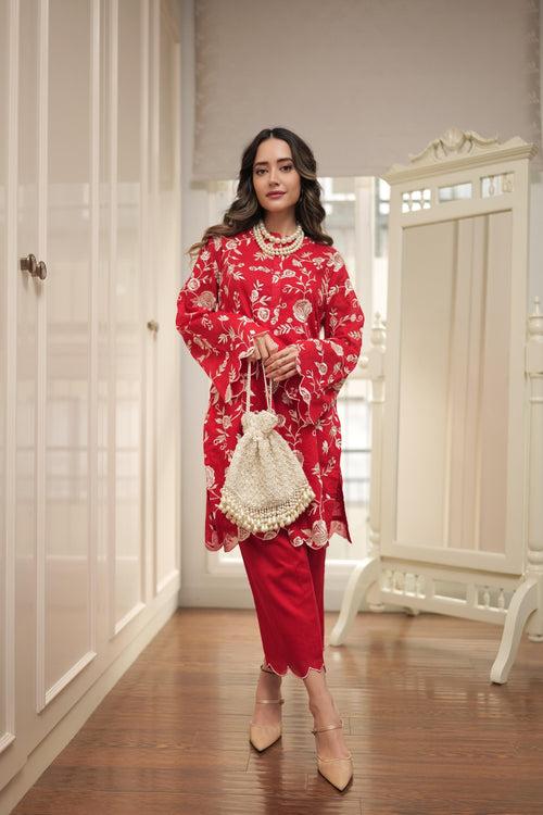 Ruby Red Embroidered Kurta Pants Set