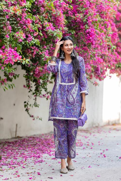 Lavender Paisley Print Kurta Pants Set