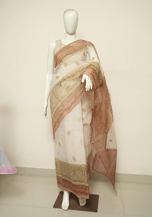 Off White and Beige Block Printed Kota Saree with Mirror Work