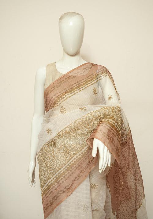 Off White and Beige Block Printed Kota Saree with Mirror Work