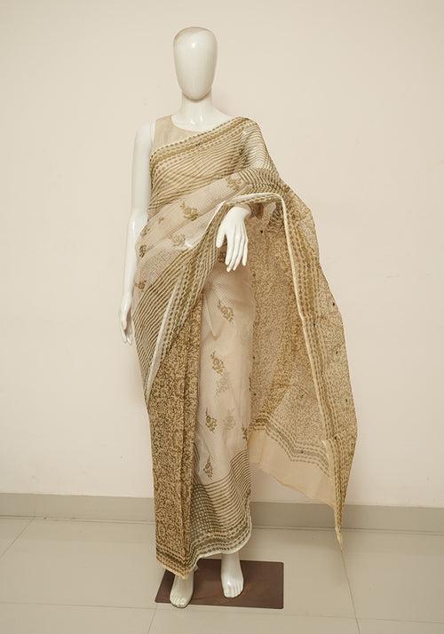 Beige Block Printed Kota Saree with Mirror Work