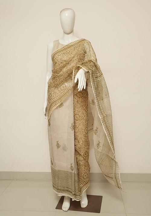 Beige Block Printed Kota Saree with Mirror Work