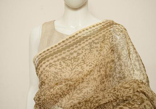 Beige Block Printed Kota Saree with Mirror Work