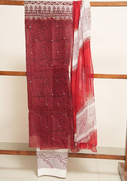 Red and Off White Unstitched Super Net Salwar set