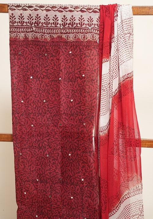 Red and Off White Unstitched Super Net Salwar set