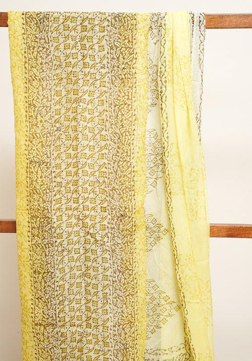 Lemon Yellow and Off White Unstitched Super Net Salwar set