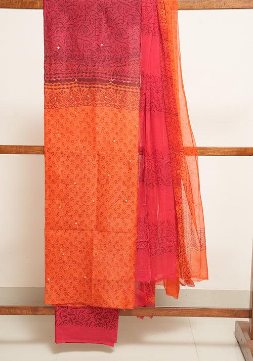 Orange and Red Unstitched Super Net Salwar set