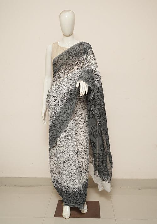 White and Grey Block Printed Georgette Saree