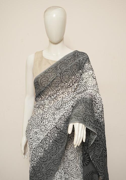 White and Grey Block Printed Georgette Saree