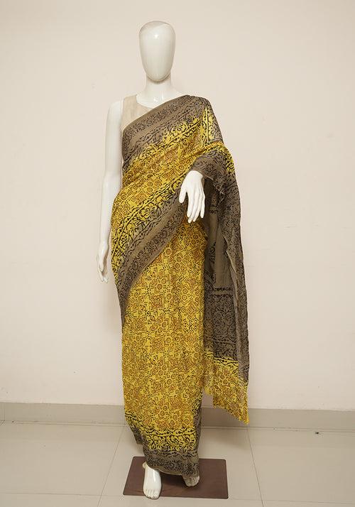 Grey and Mango Yellow Block Printed Georgette Saree