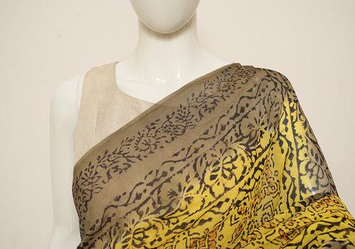 Grey and Mango Yellow Block Printed Georgette Saree