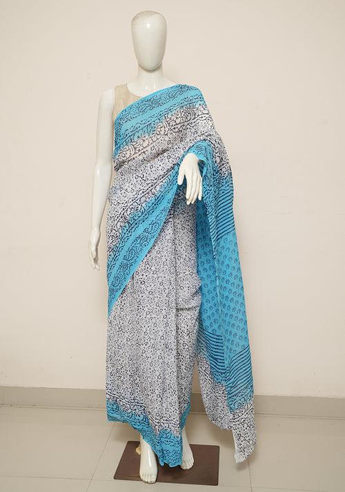 White and Turquoise Blue Block Printed Georgette Saree
