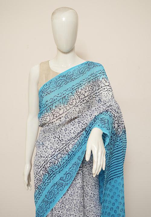 White and Turquoise Blue Block Printed Georgette Saree