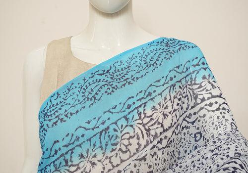 White and Turquoise Blue Block Printed Georgette Saree