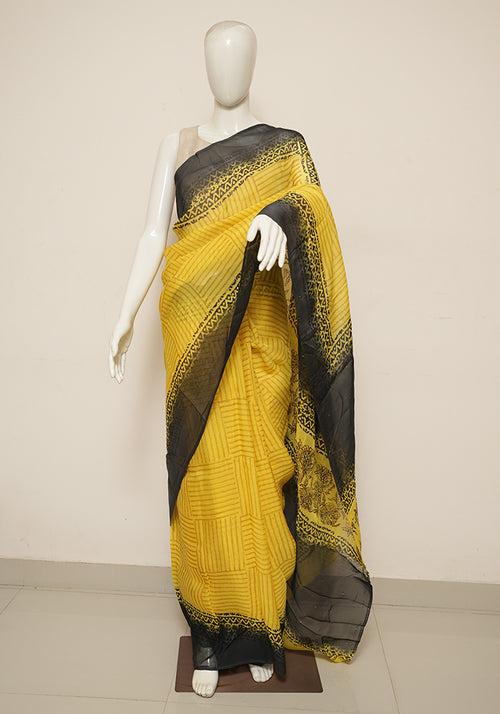 Yellow and Black Block Printed Semi Organza Saree with Badla work