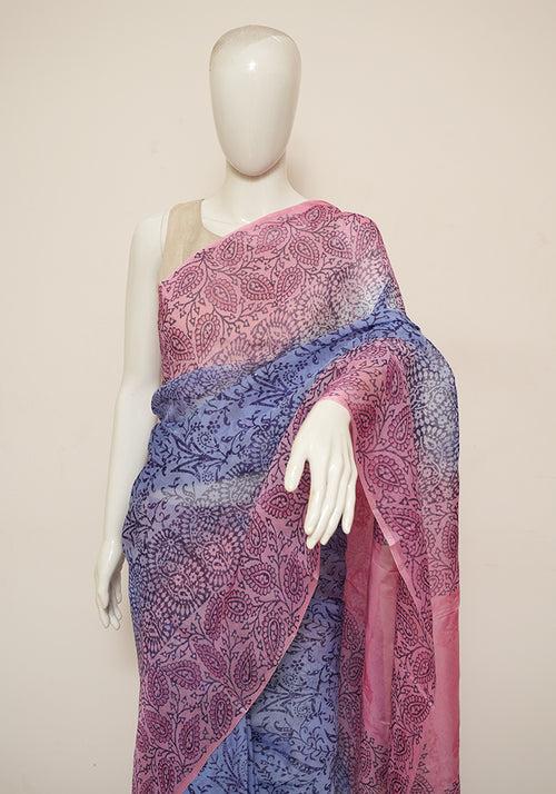 Blue and Pink Block Printed Semi Organza Saree with Badla work