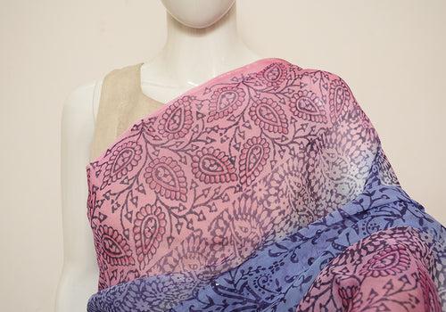 Blue and Pink Block Printed Semi Organza Saree with Badla work