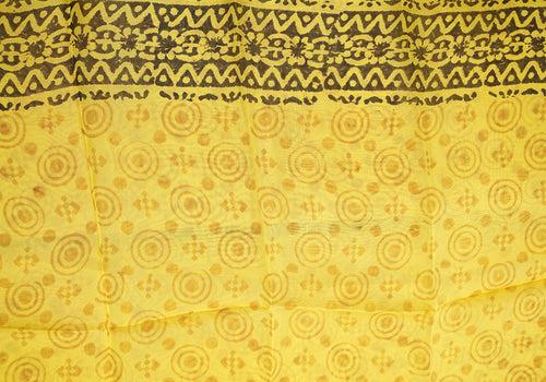 Black and Yellow Block Printed Semi Organza Saree with Badla work