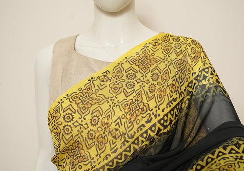 Black and Yellow Block Printed Semi Organza Saree with Badla work