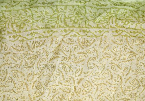 Pista Green and Off White Block Printed Semi Organza Saree with Badla work